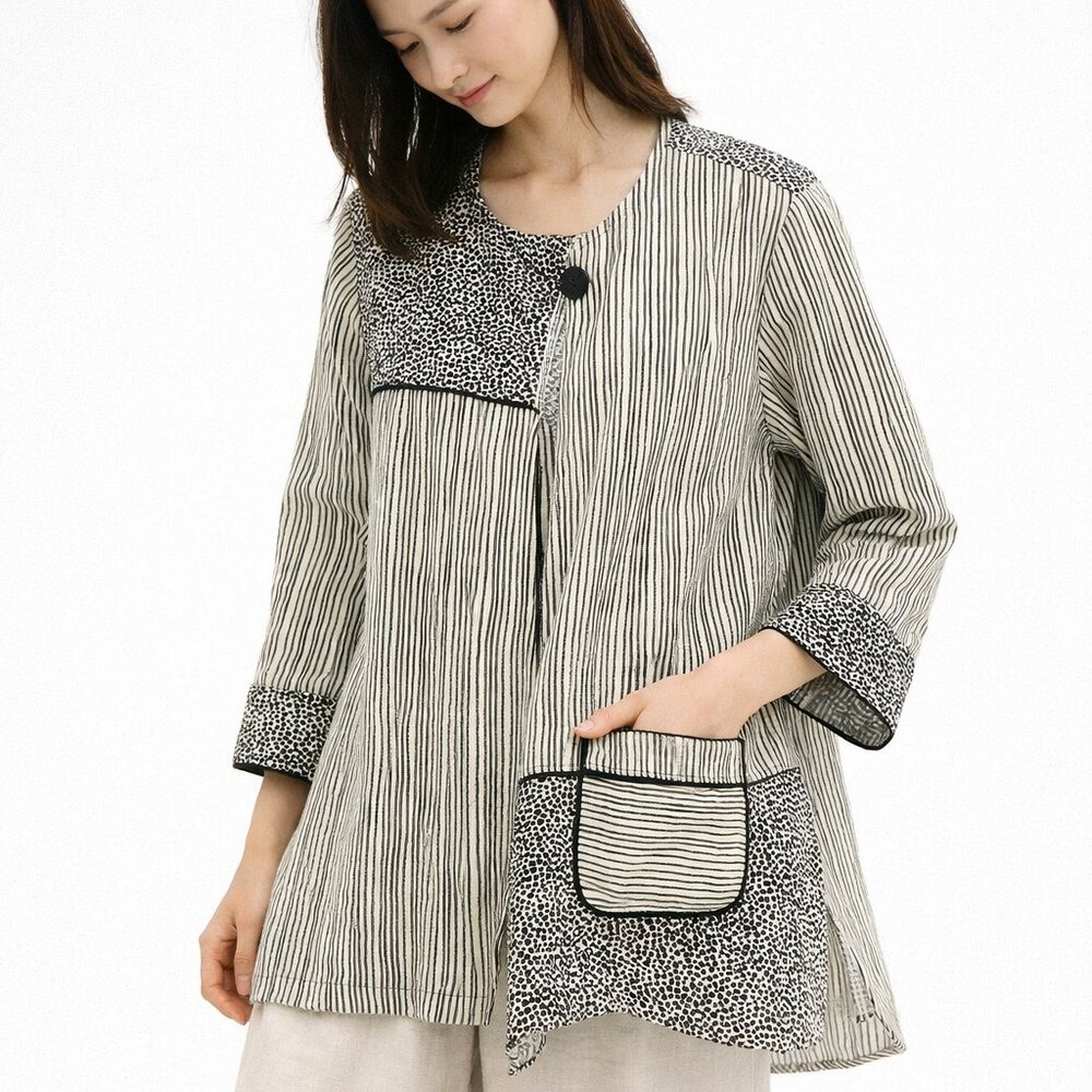 Multiples Jacket Black Cream Artsy Minimalist Lagenlook Stripes 2X